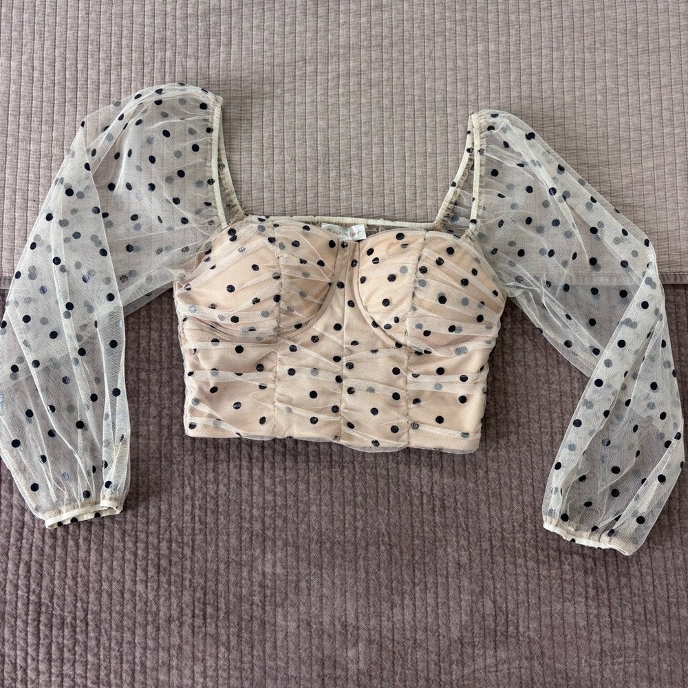 These Three Polka Dot Mesh Puff Sleeve Crop Top - Size S